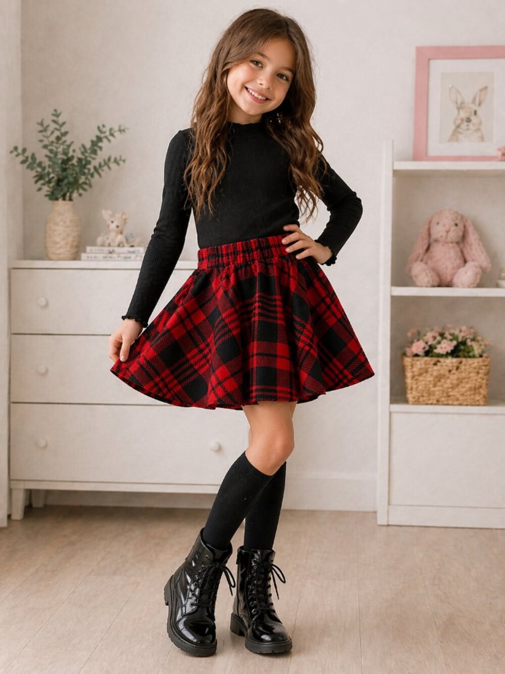 Shein Girls Red Black Plaid Skater Skirt Flared Stretch Size 8Y